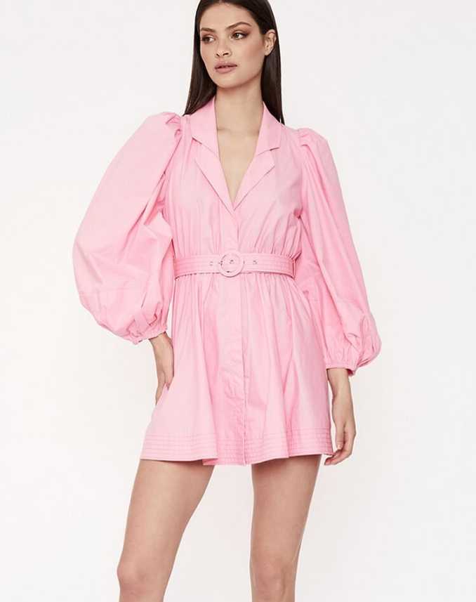 Pink Puff Sleeve Belted Mini Dress
