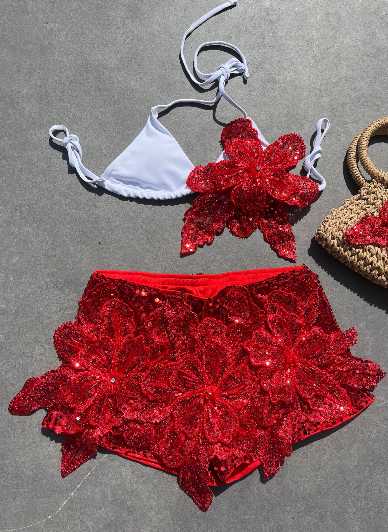 Red Sequin Floral Bikini Set