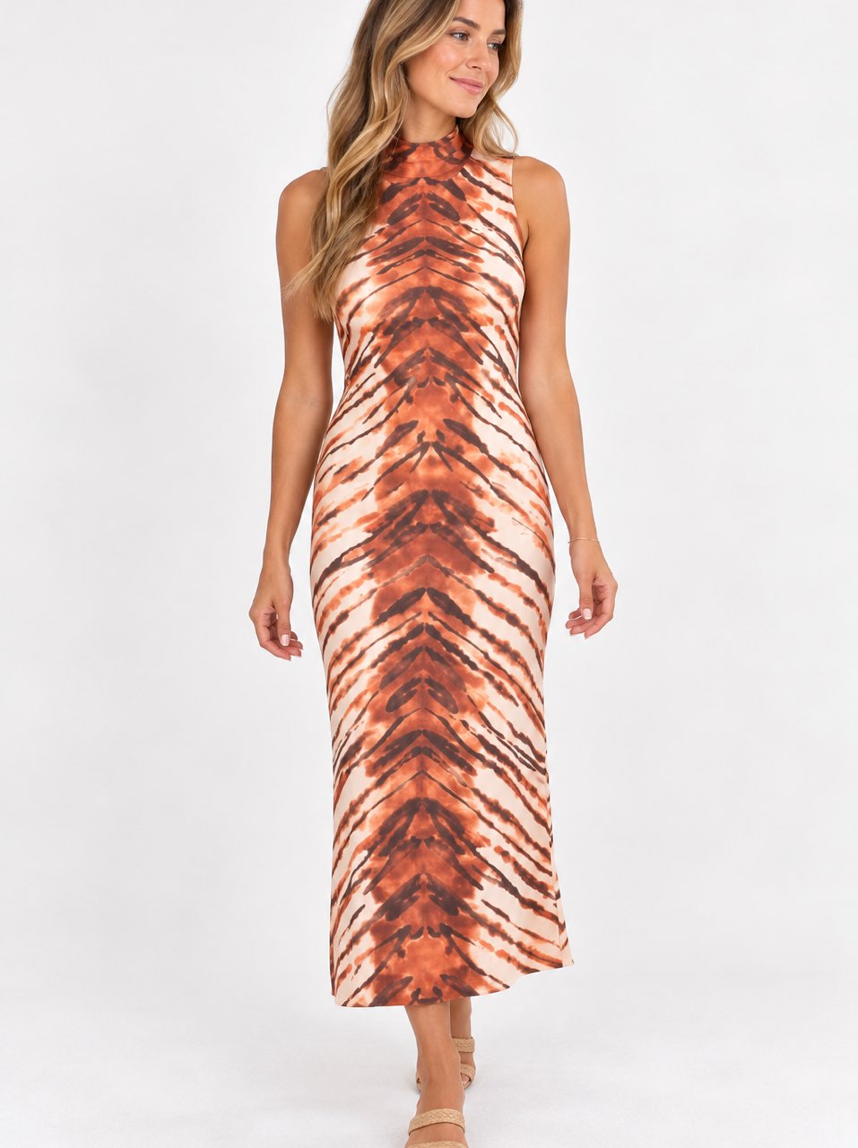 Orange and Brown High-Neck Dress