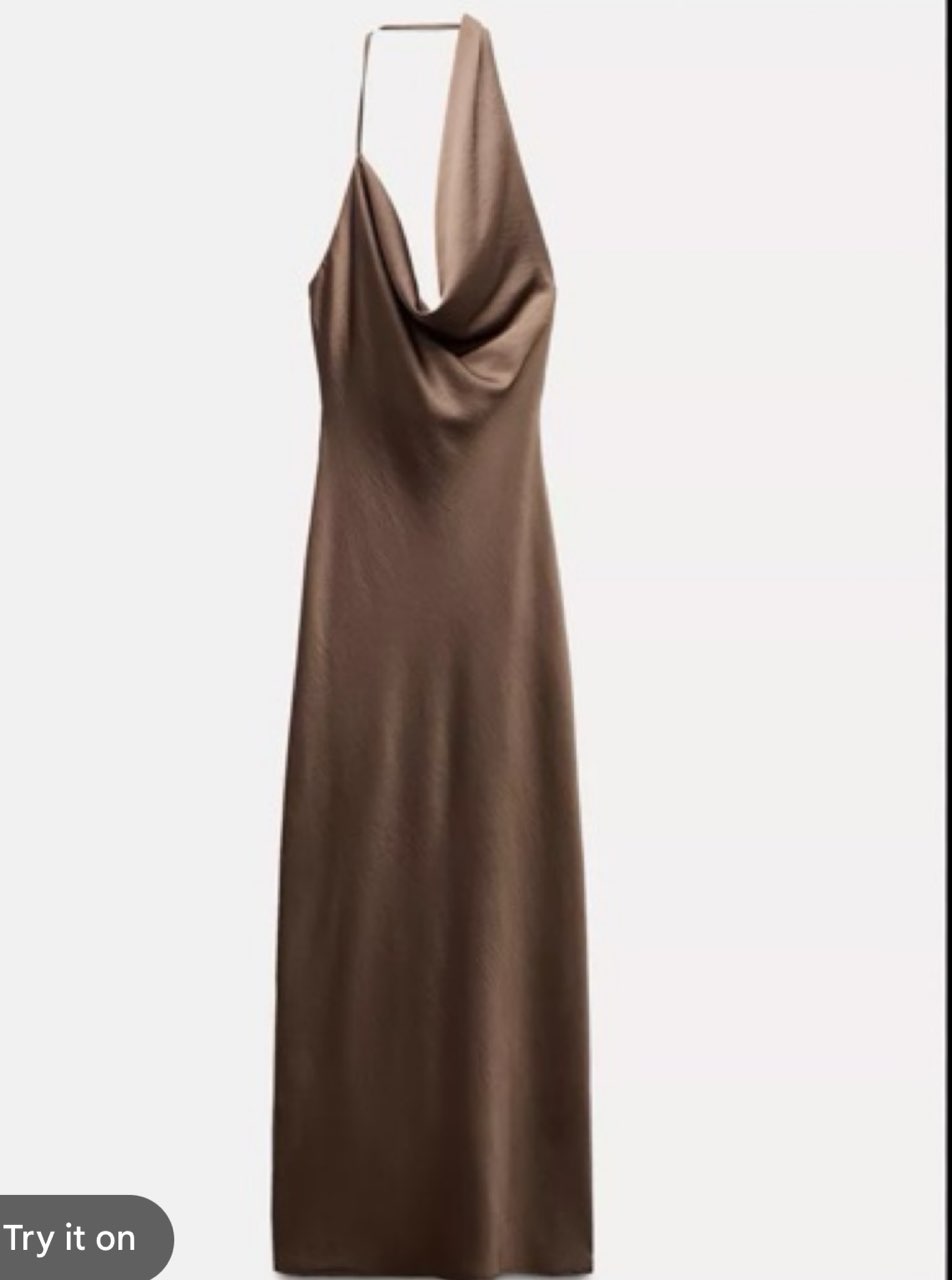 Mocha Satin Cowl Neck Midi Dress