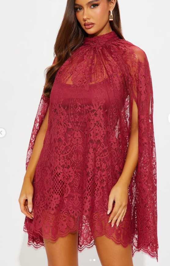 Burgundy Lace Cape Mini Dress