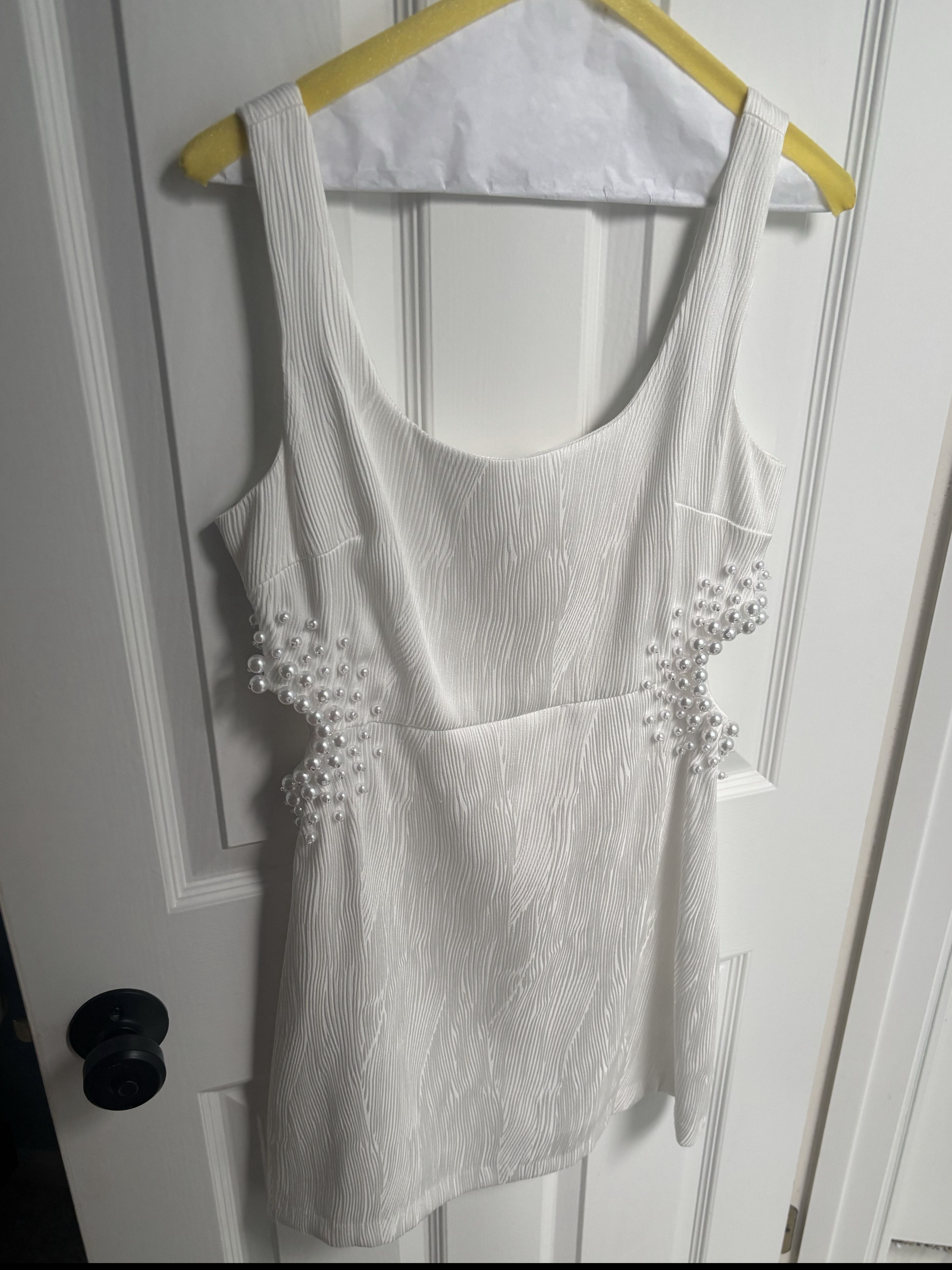 White pearl cutout mini dress