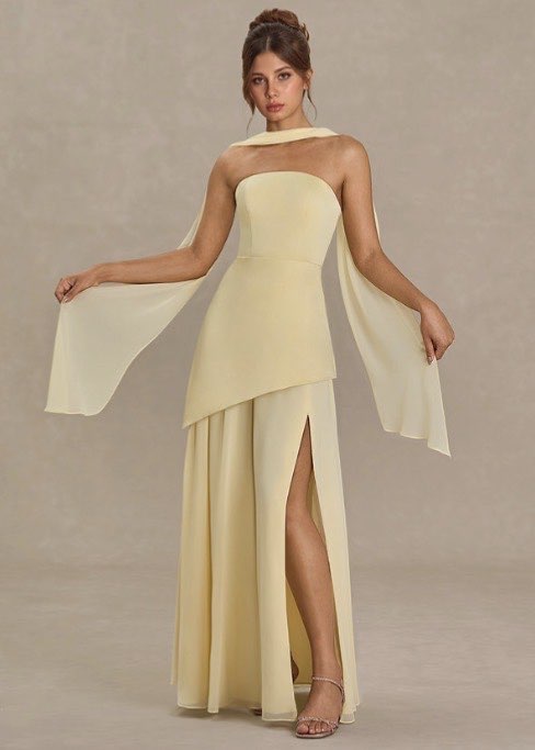 Pale Yellow Strapless Chiffon Gown with Flowing Sleeves
