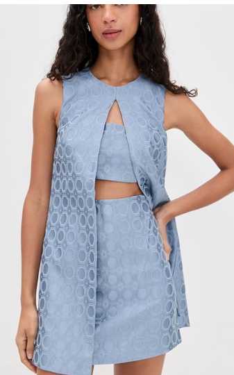 Dusty Blue Geometric Jacquard Vest, Crop Top & Shorts Set