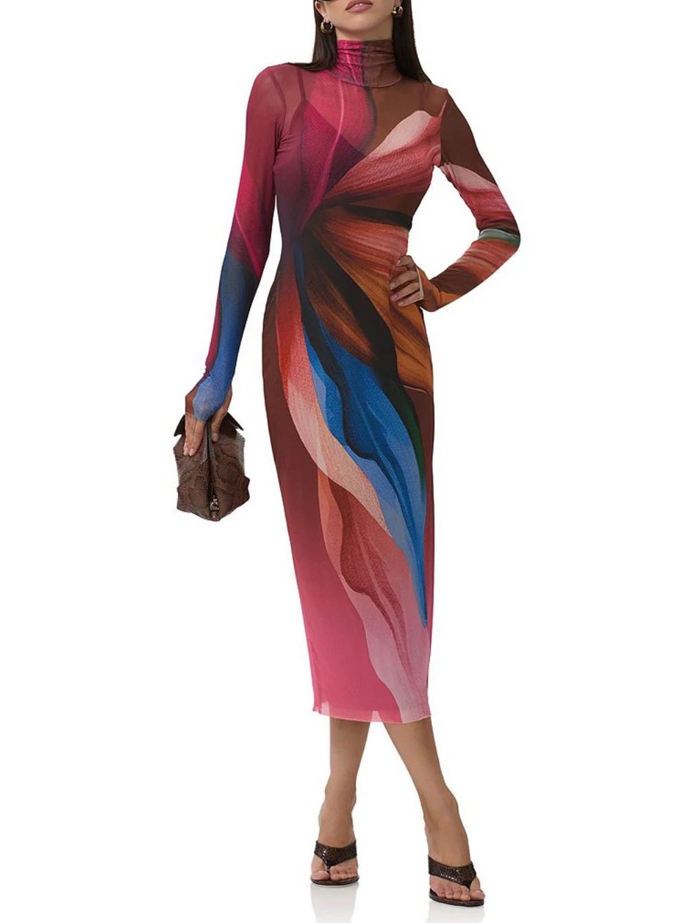 Shaeilene Lotus Leaf Print Turtleneck Long Sleeve Mesh Midi Dress