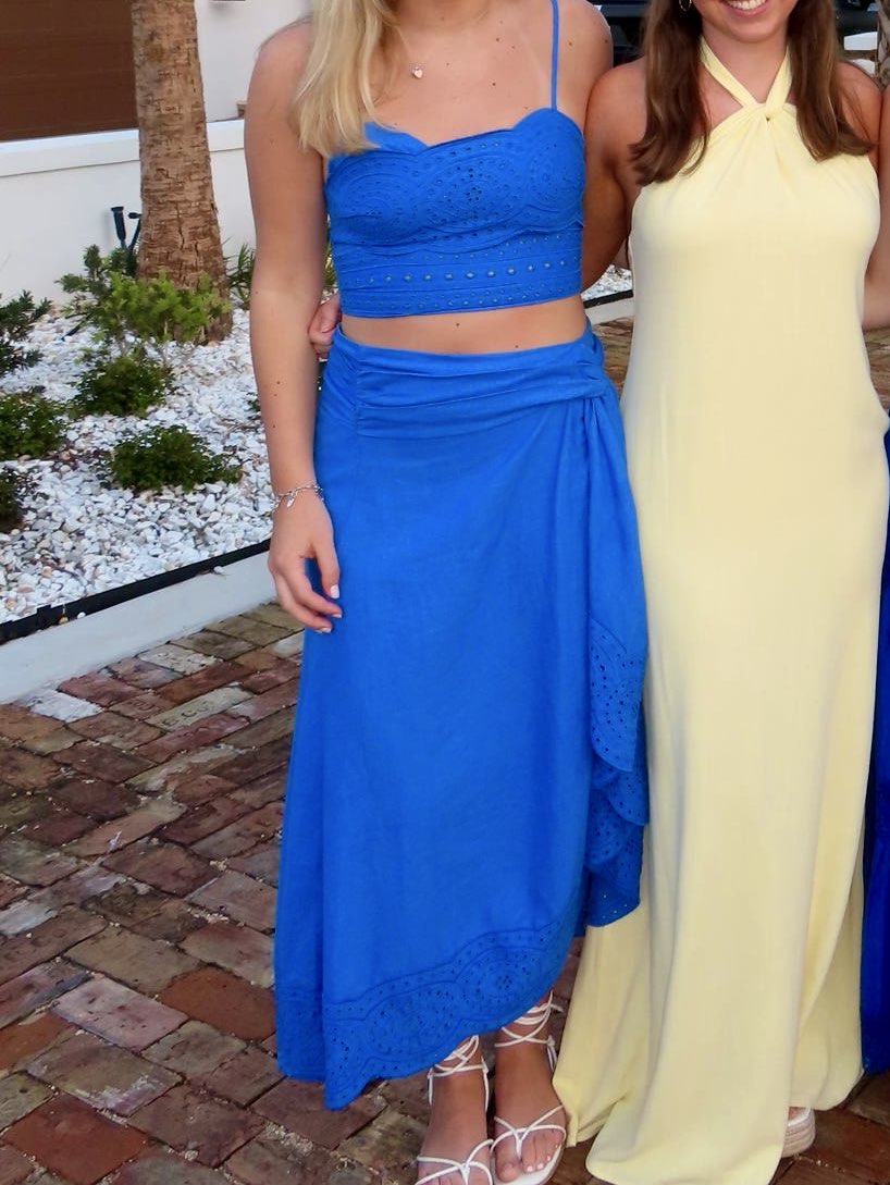 Blue Eyelet Crop Top and Maxi Skirt Set