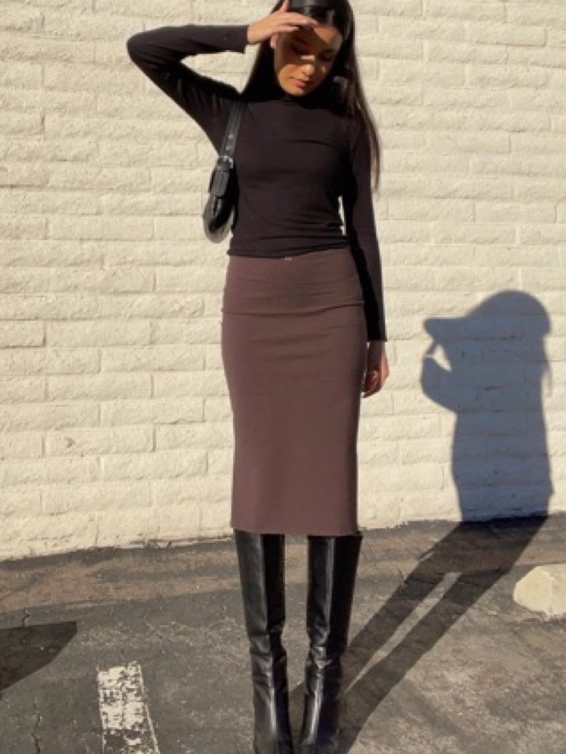 Brown Ribbed Knit Crop Top and Midi Skirt Set