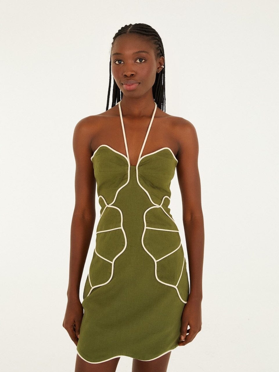 Olive Green Halter Mini Dress with Contrast Piping
