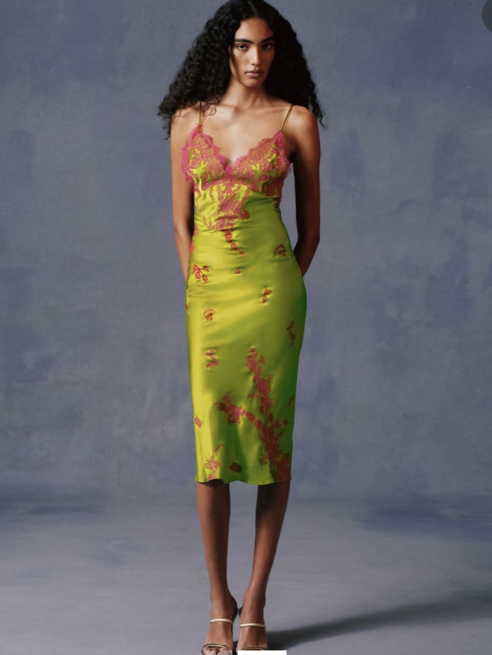 Lime Green Satin Slip Dress with Pink Lace