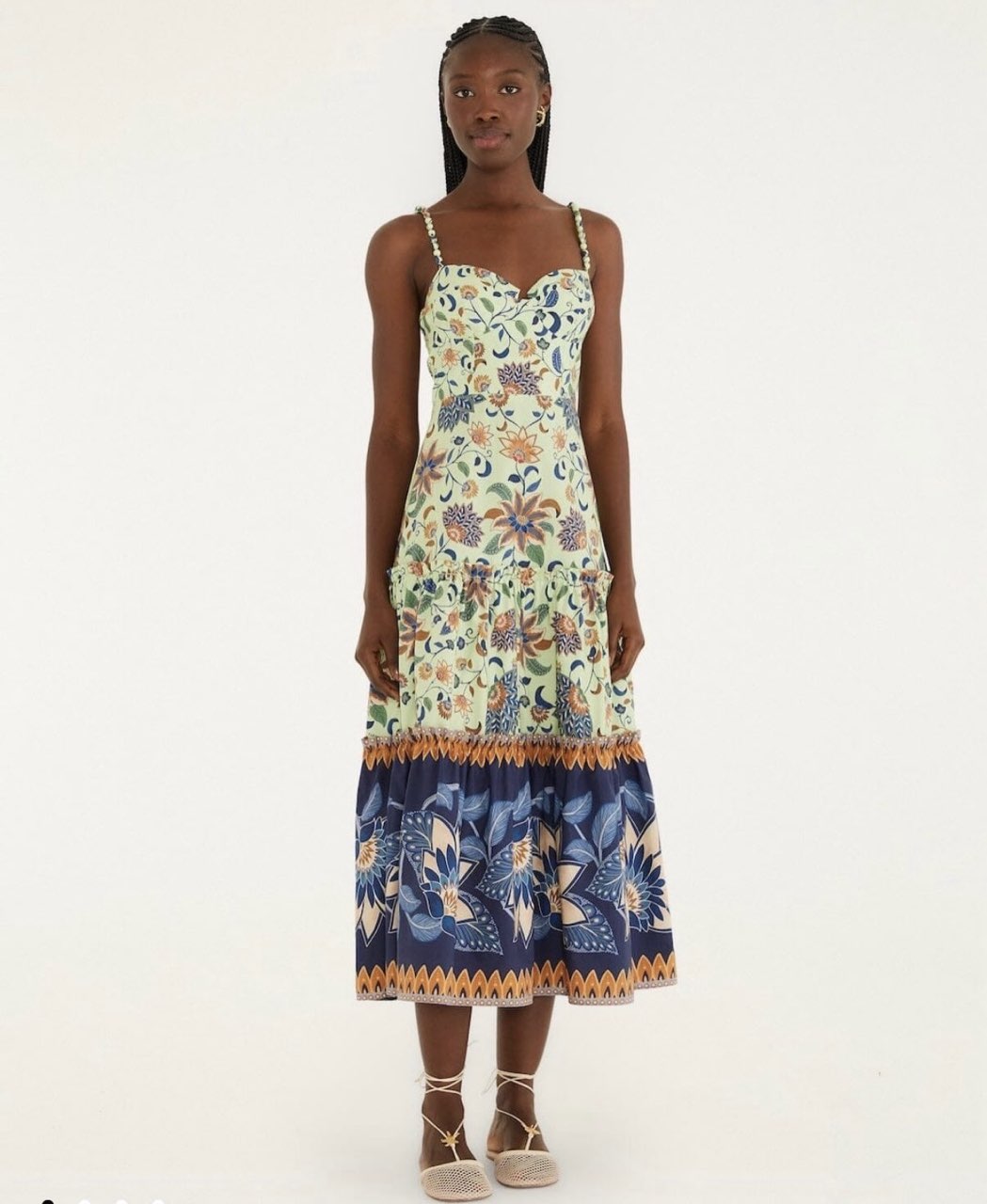 Farm Rio Green Floral Delhi Tapestry Beaded Straps Midi Dress