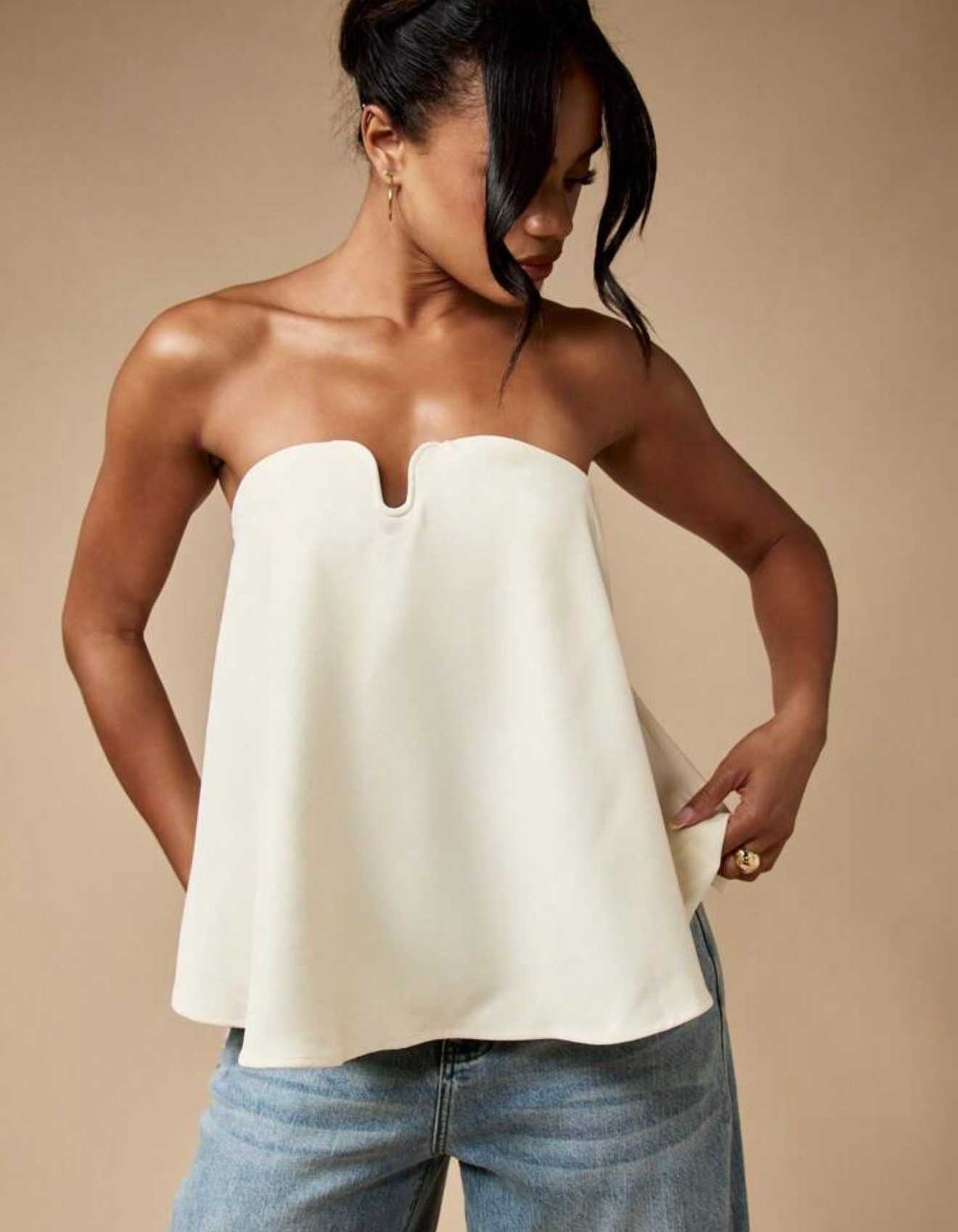 Botique Cream Strapless V-Notch Top