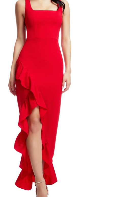 Red Ruffled Slit Maxi Dress