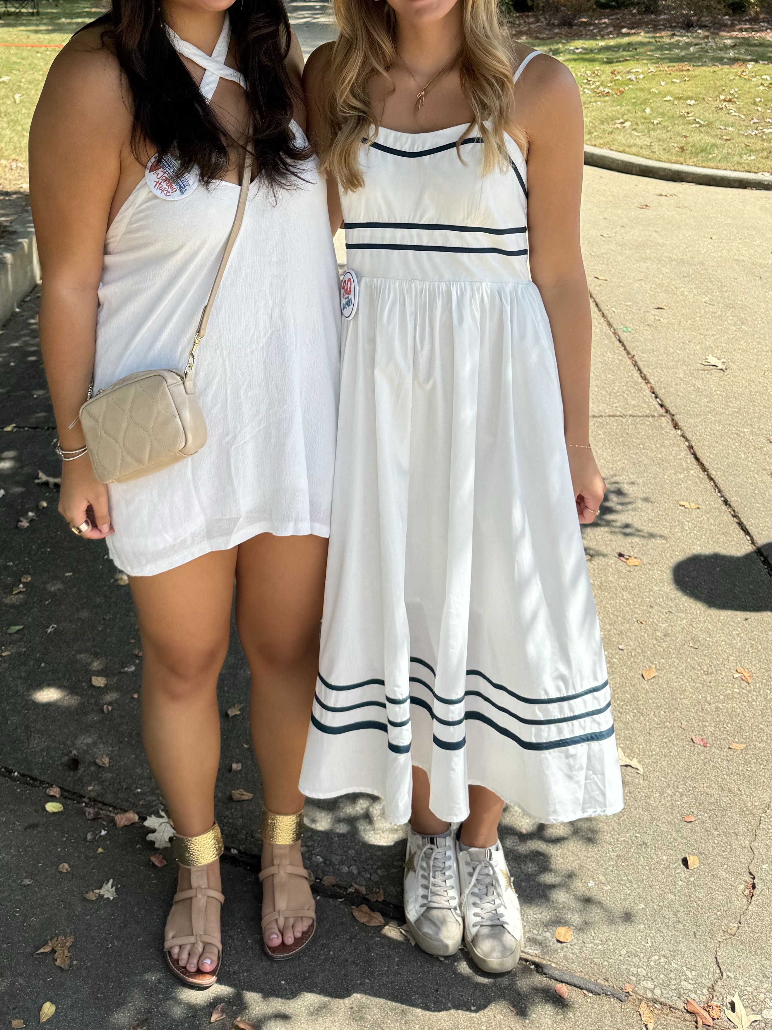 white and navy striped maxi dress
