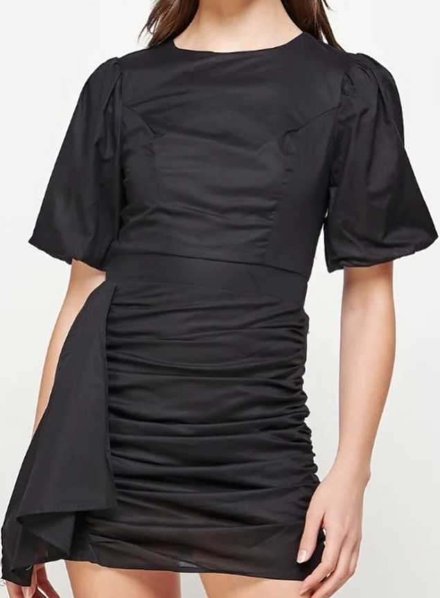 Black Ruched Puff Sleeve Mini Dress