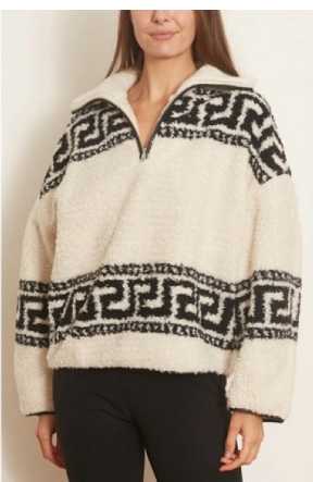Cream and Black Geometric Half-Zip Sweater