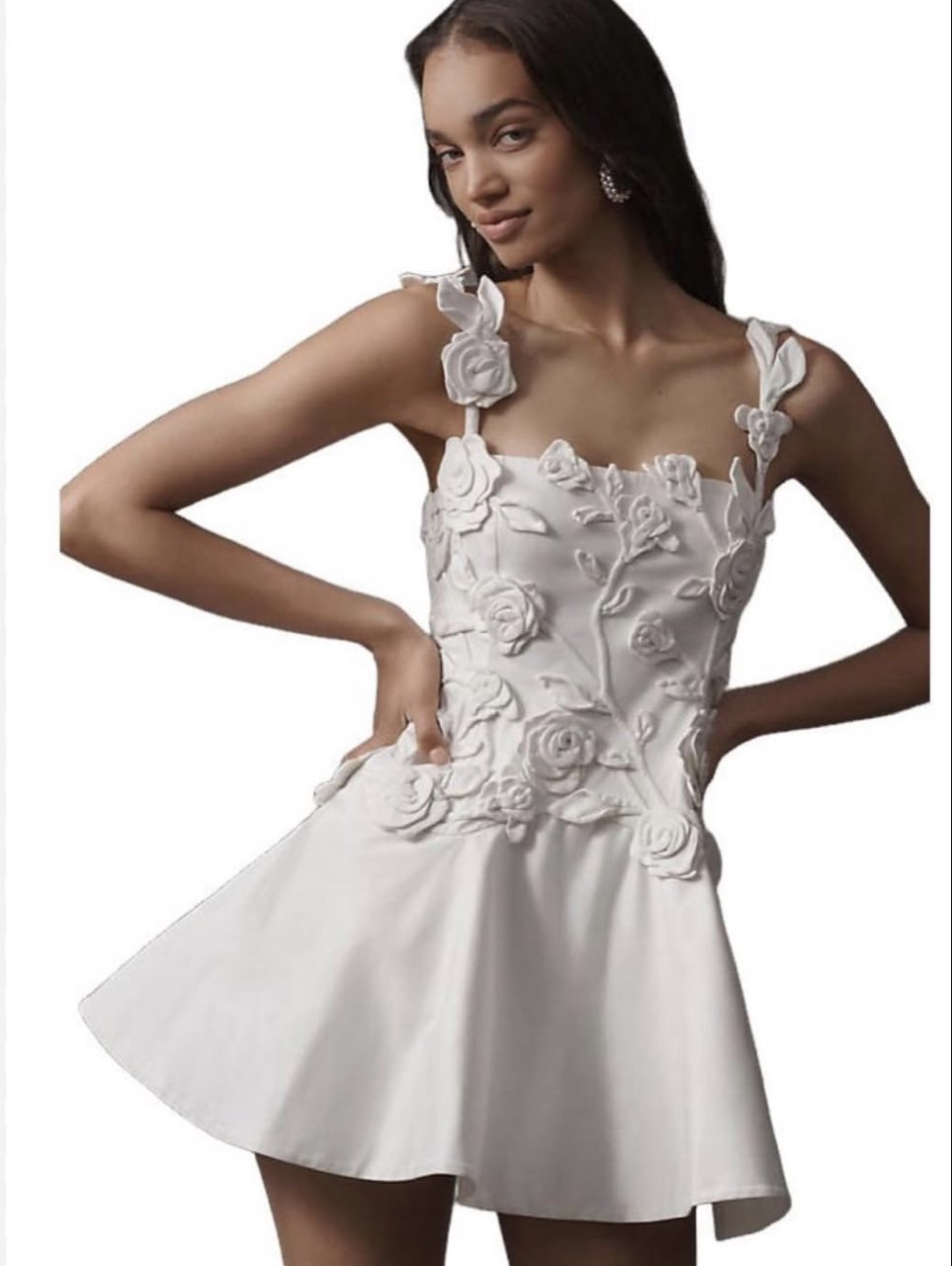 White 3D Floral Applique Mini Dress