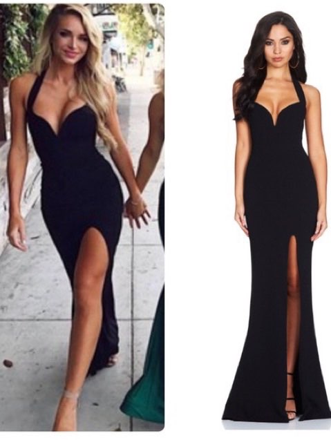 Black Halter Neck Slit Gown