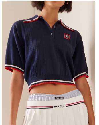 Navy Cropped Knit Polo Shirt