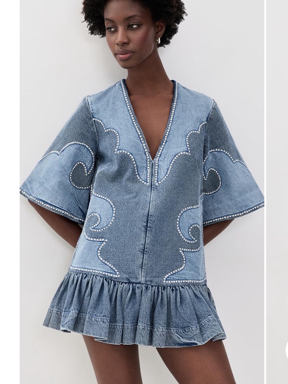 Patchwork Denim Mini Dress with Pearl Embellishments