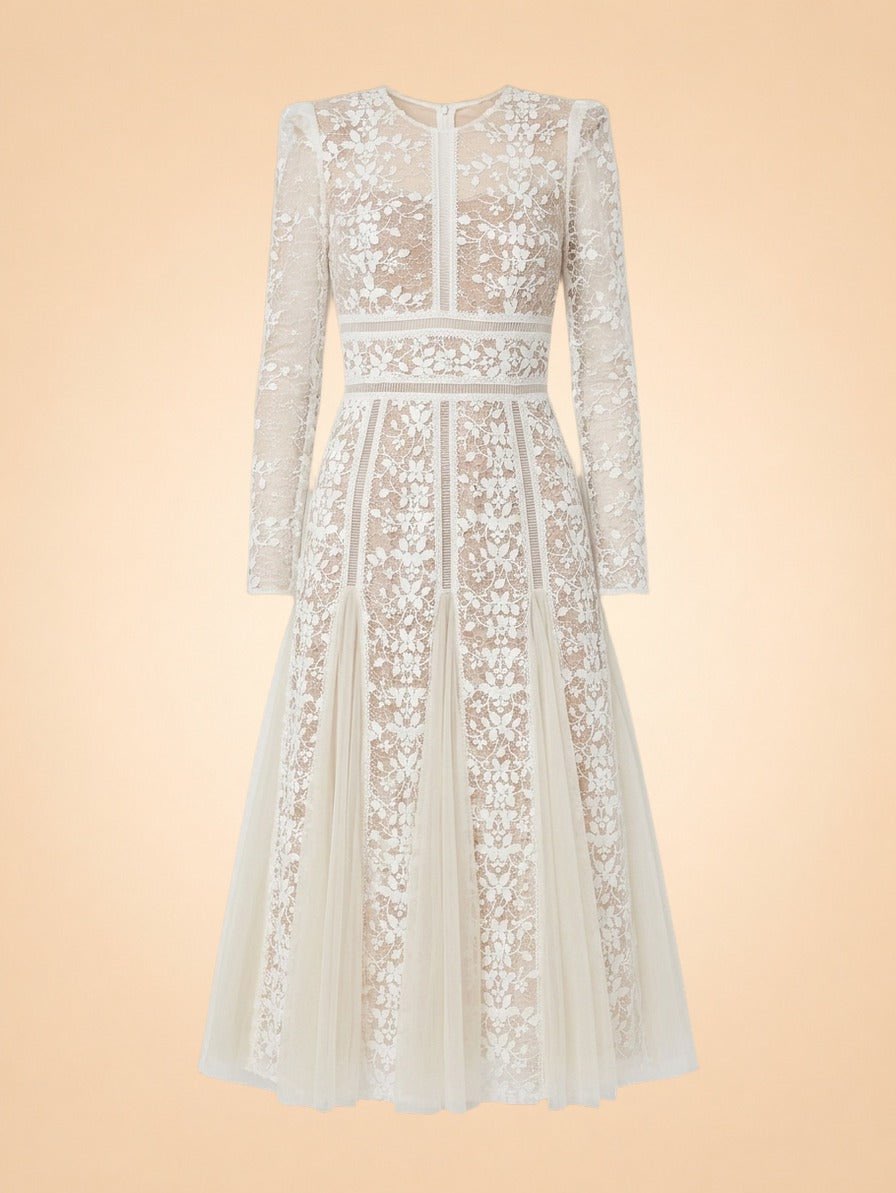 Cream Lace Long Sleeve Midi Dress