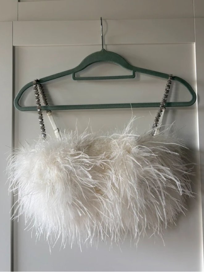 White Feathered Crop Top with Rhinestone Straps