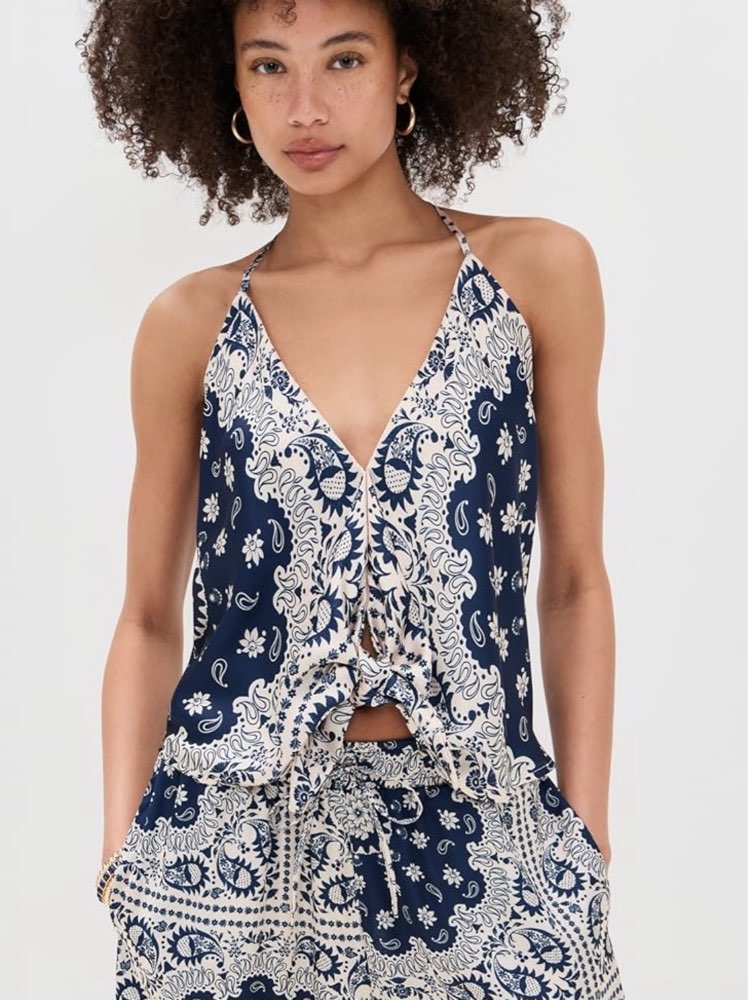 Navy Bandana Print Halter Tie-Front Top