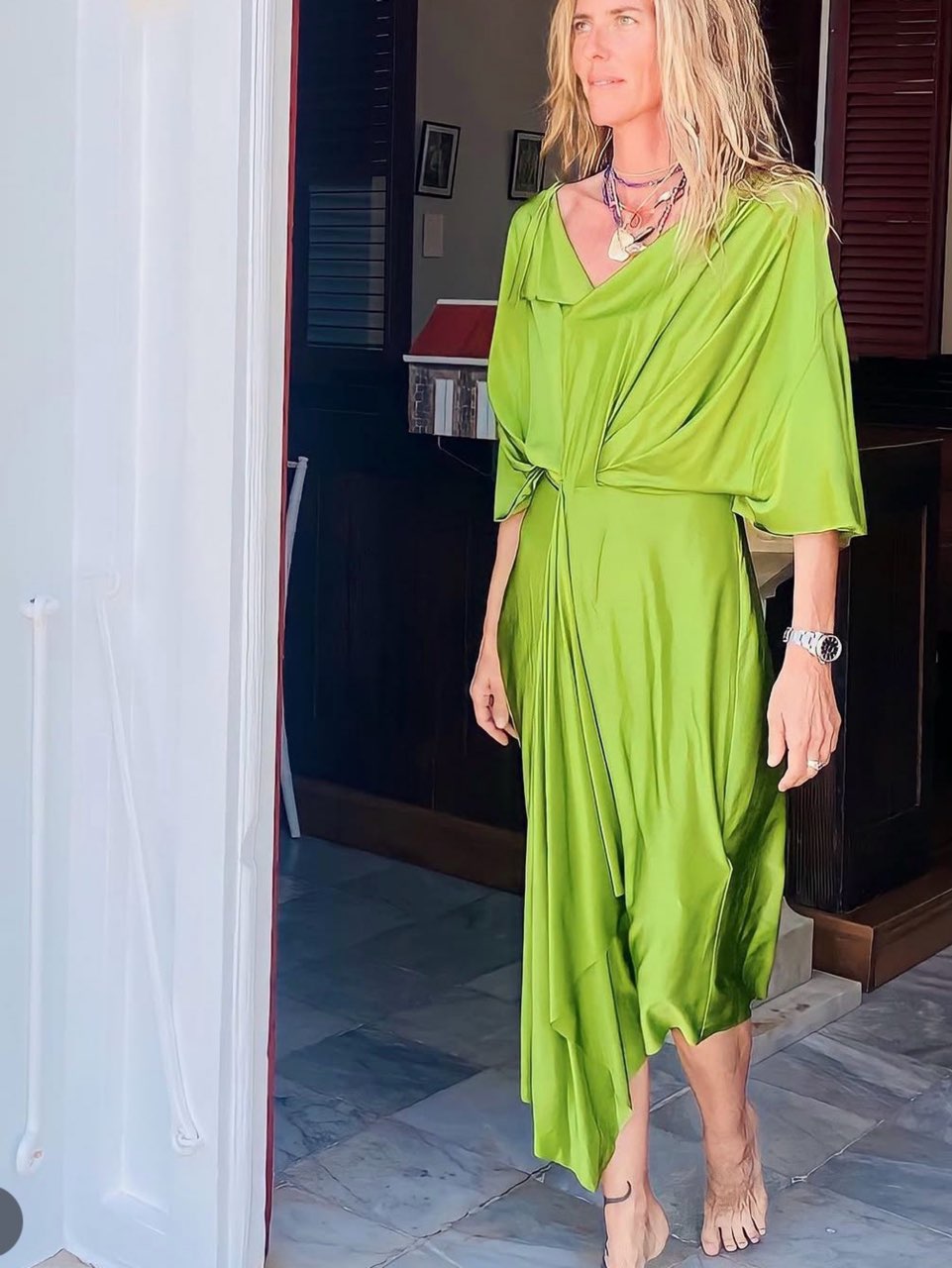 Lime Green Draped Satin Midi Dress