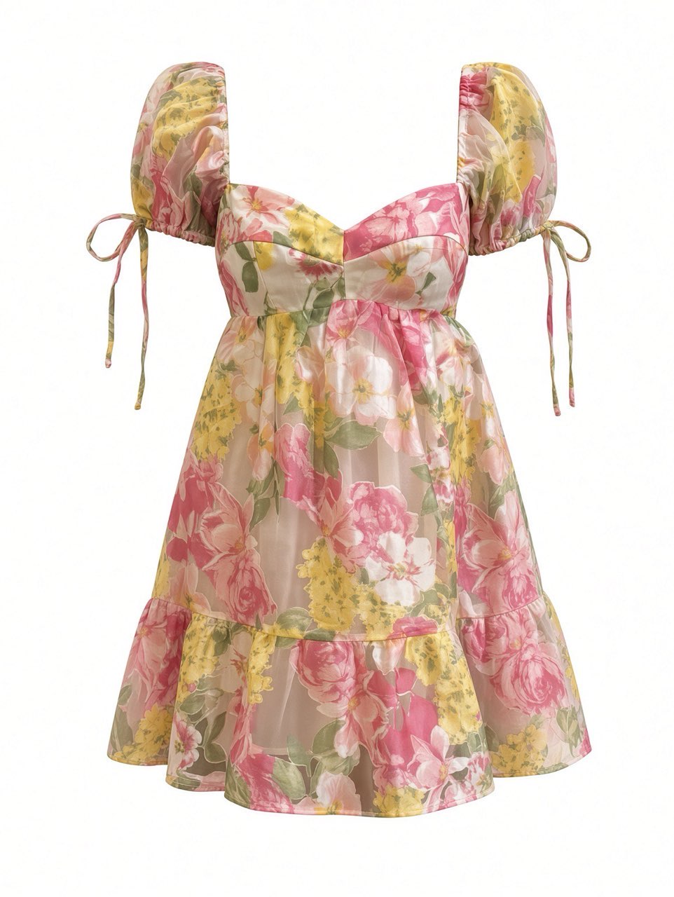 Pink and Yellow Floral Puff Sleeve Mini Dress