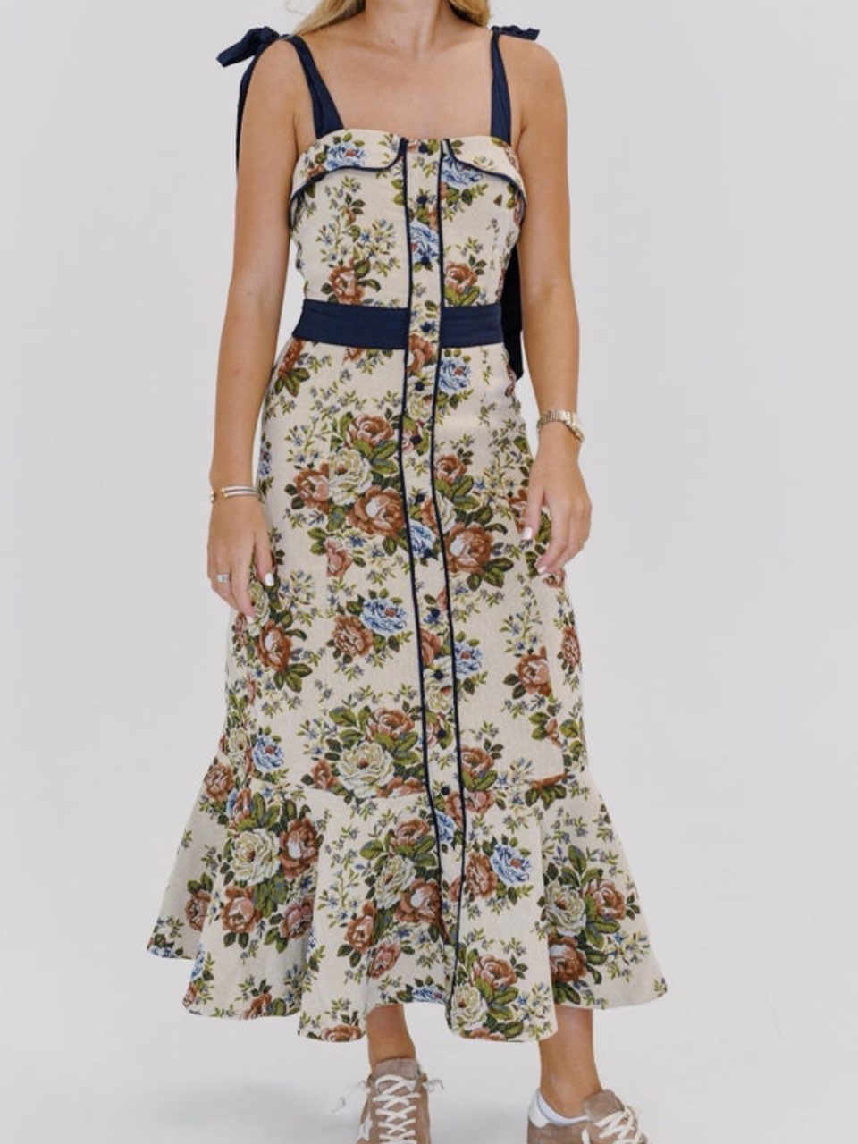 Shoulder Tie Tapestry Midi Dress