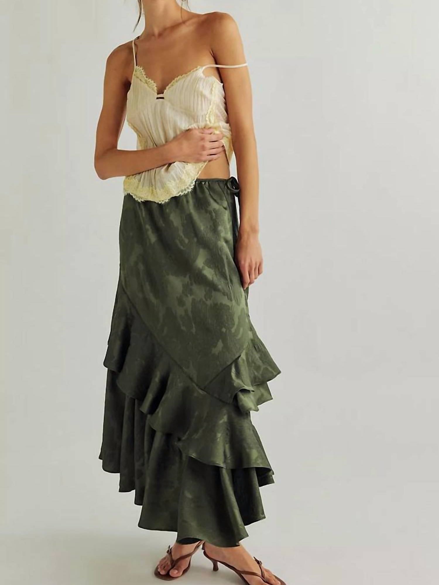 Olive Green Ruffle Midi Skirt