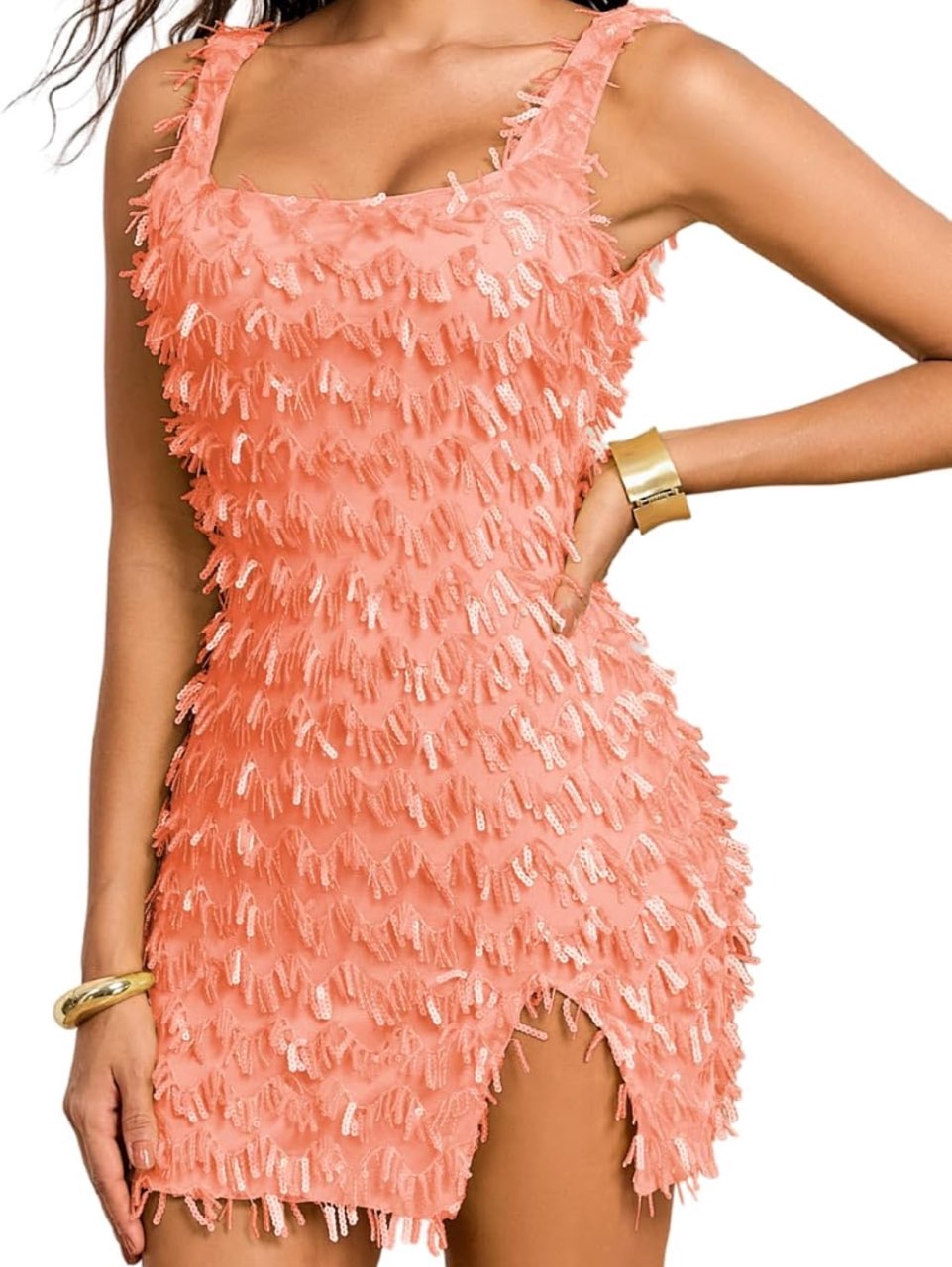 Peach Sequin Fringe Mini Dress