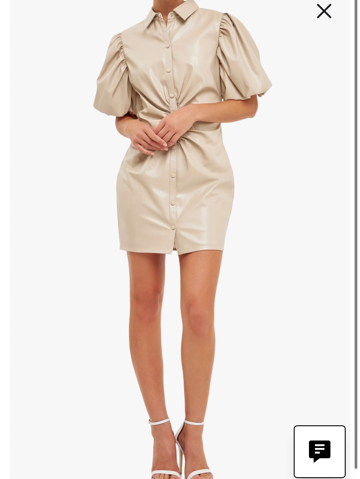 Beige Faux Leather Puff Sleeve Dress