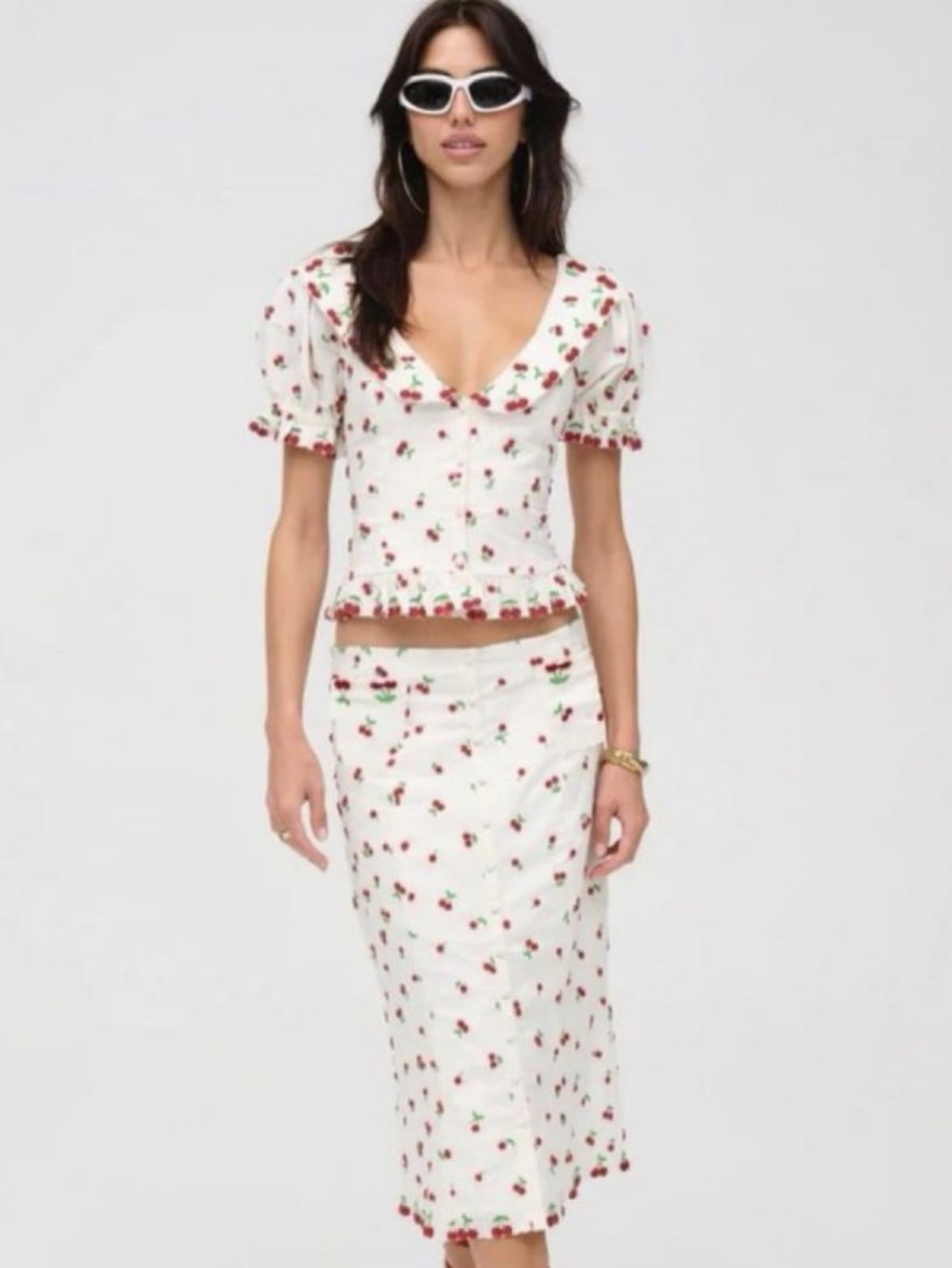 Cherry Print Puff Sleeve Top & Midi Skirt Set