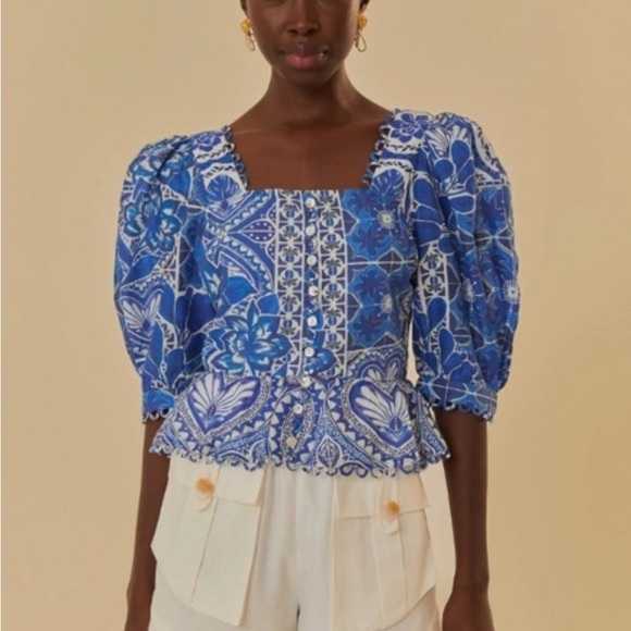 Blue Tile Print Puff Sleeve Peplum Blouse