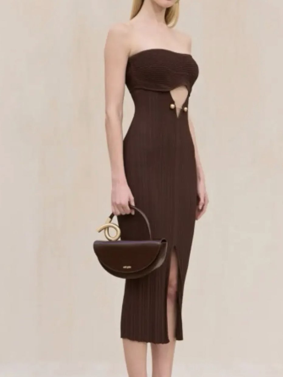 Brown Ribbed Cutout Midi Dress