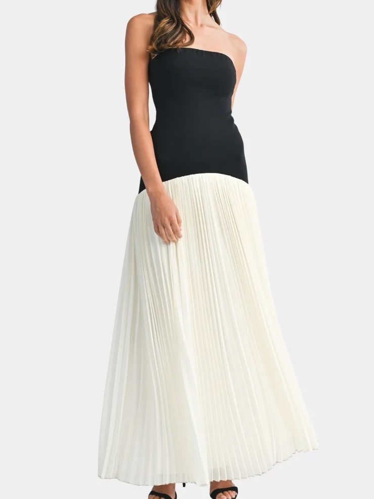 Two-Tone Strapless Pleated Maxi Dress