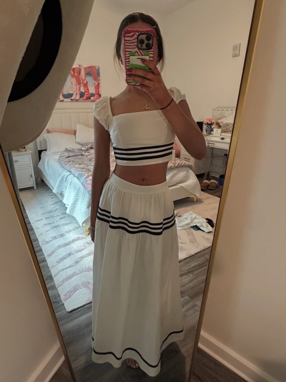 Moon River Stripe Crop Top and Midi Skirt in White with Navy Stripes both size XS
