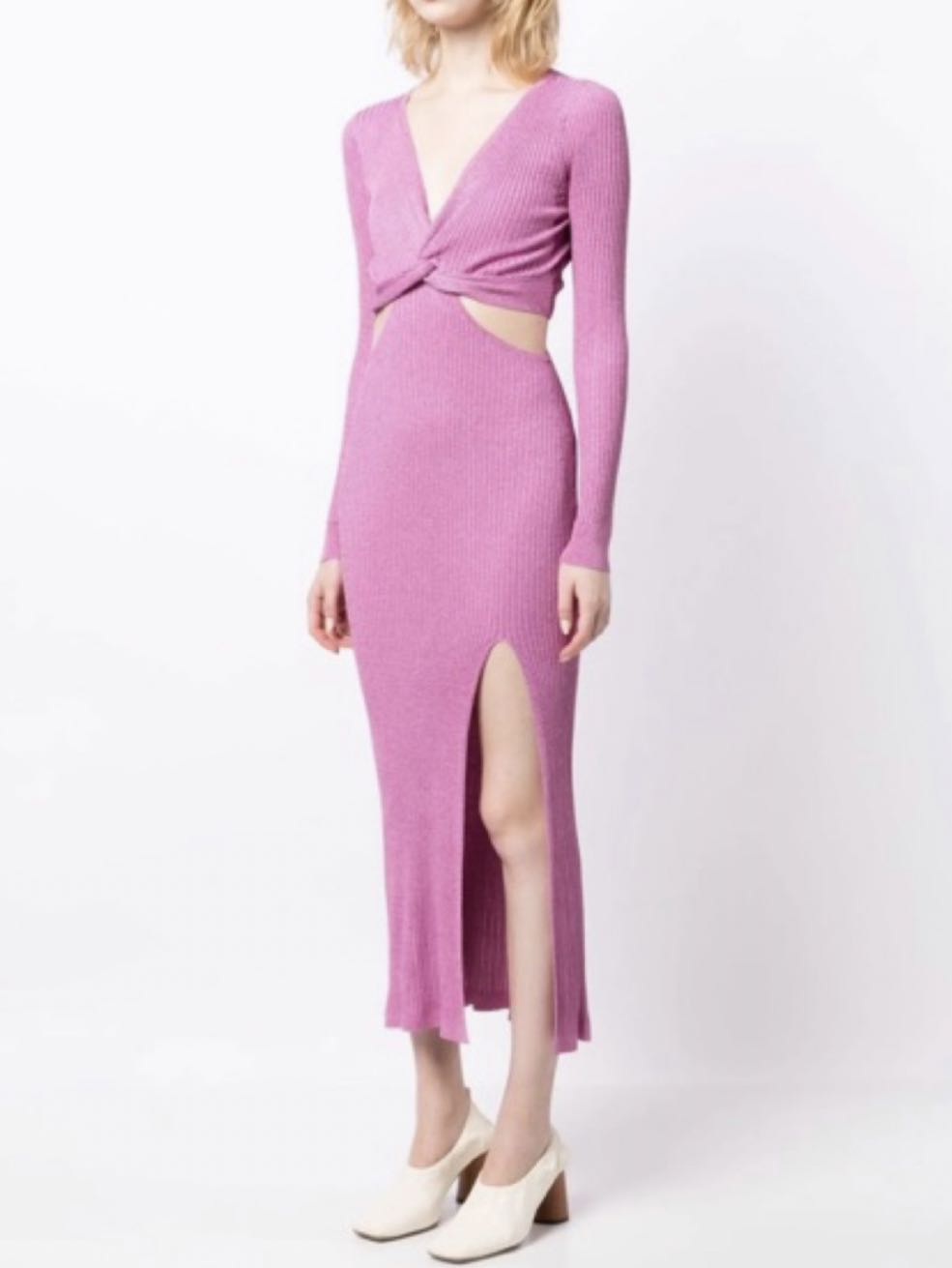 Pink Ribbed Cutout Midi Dress