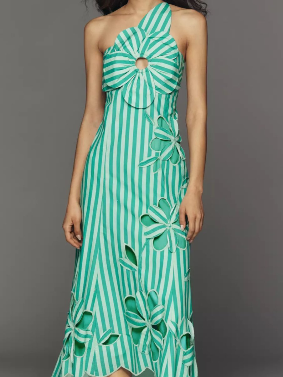 Green and White Striped Floral Cutout Maxi Dress