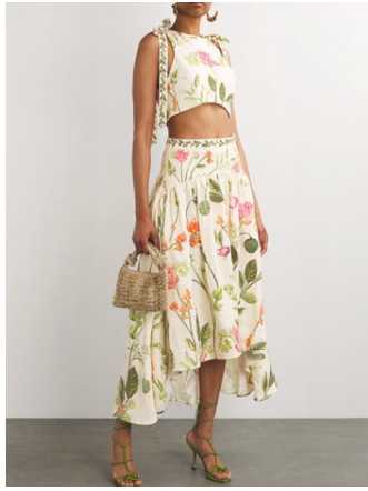 Cream Floral Crop Top & High-Low Skirt Set