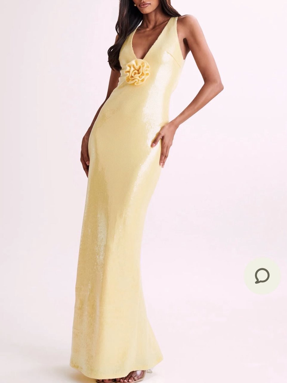 Pale Yellow Sequin Maxi Dress with Floral Detail