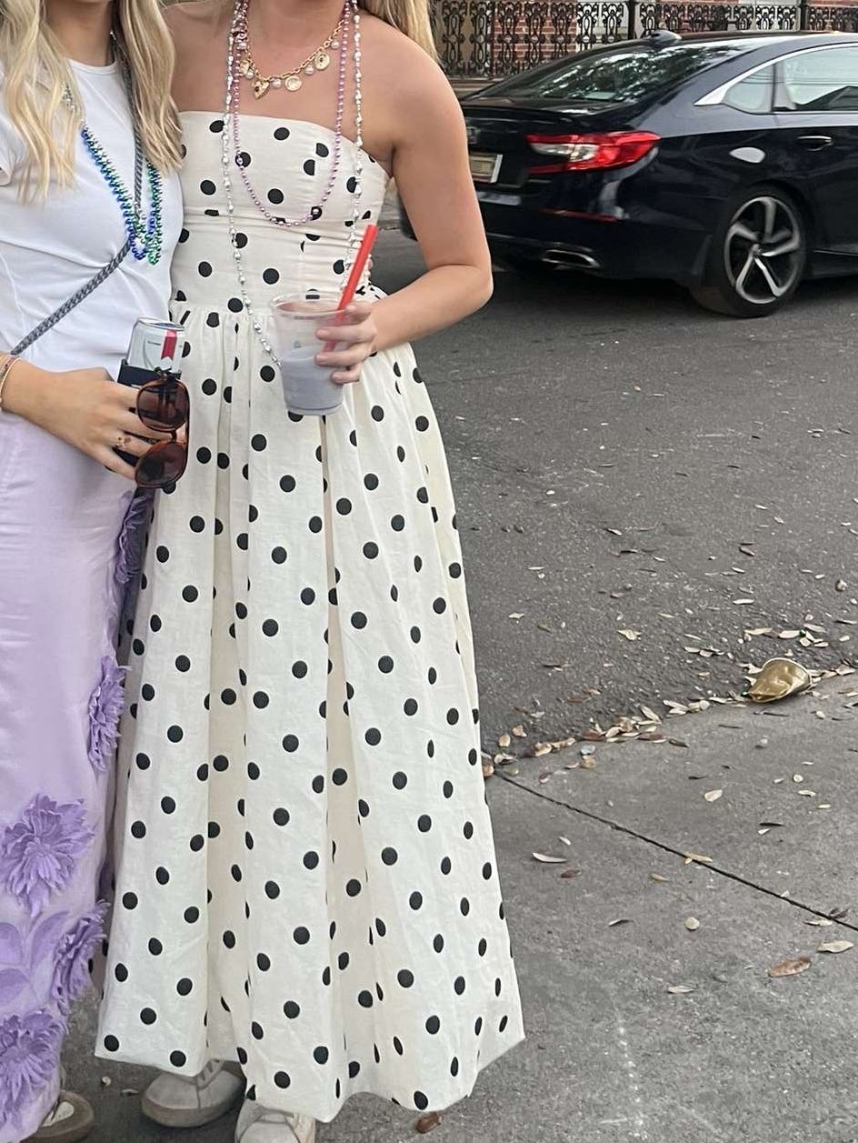 Drop waist polka dot midi