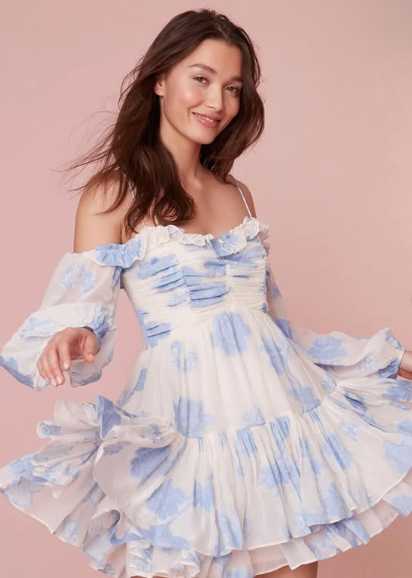 Blue and White Floral Off-Shoulder Mini Dress