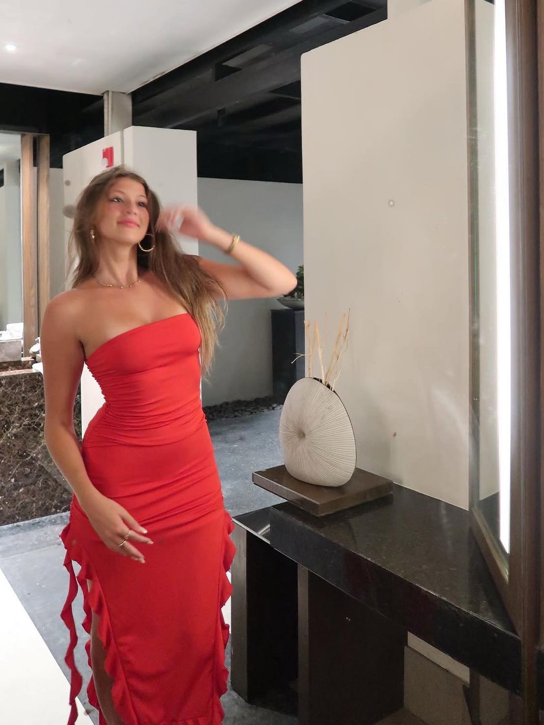 Strapless Red Ruffle Midi Dress