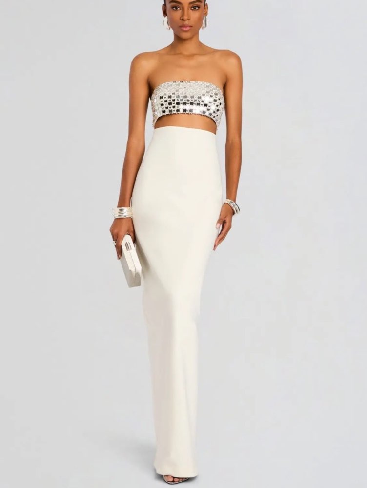 Sequin Bandeau Crop Top and Cream Maxi Skirt Set