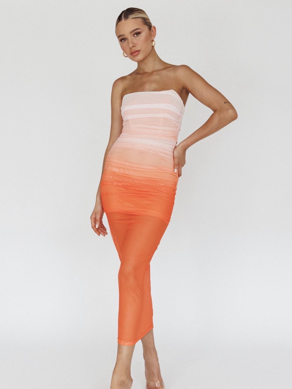 Ombre Ruched Mesh Strapless Midi Dress