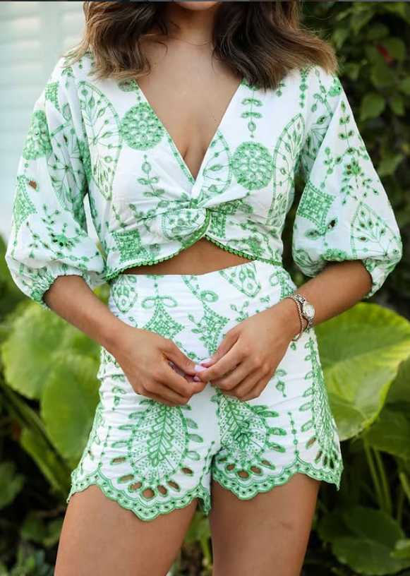 Embroidered Crop Top and Scalloped Shorts Set