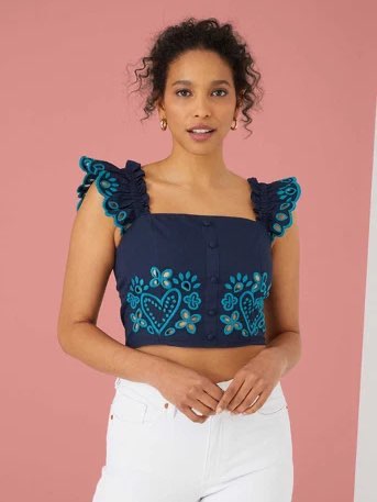 Navy Embroidered Ruffle Crop Top