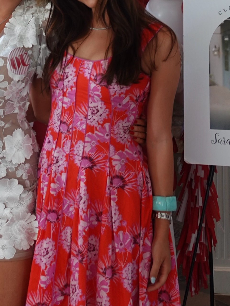 Red and Pink Floral Pleated Midi Dress