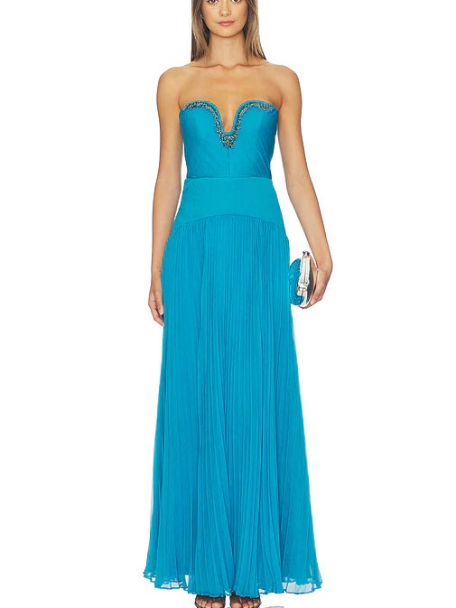 Teal Embellished Strapless Pleated Gown